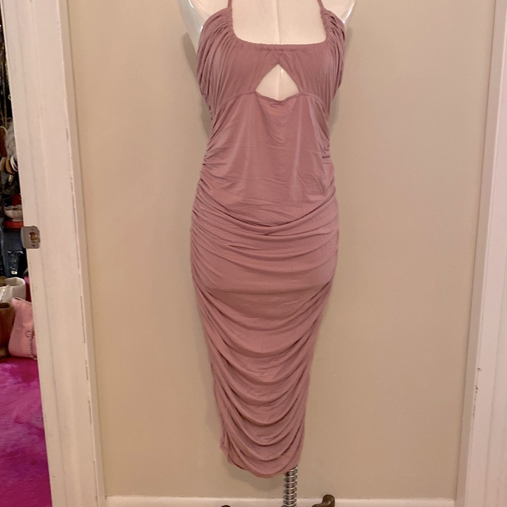 ASOS Design ruched midi dress with center cut out.